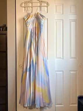 Monique Lhuillier Pastel Multicolor Pleated Maxi Dress - Pink Blue Yellow Cream